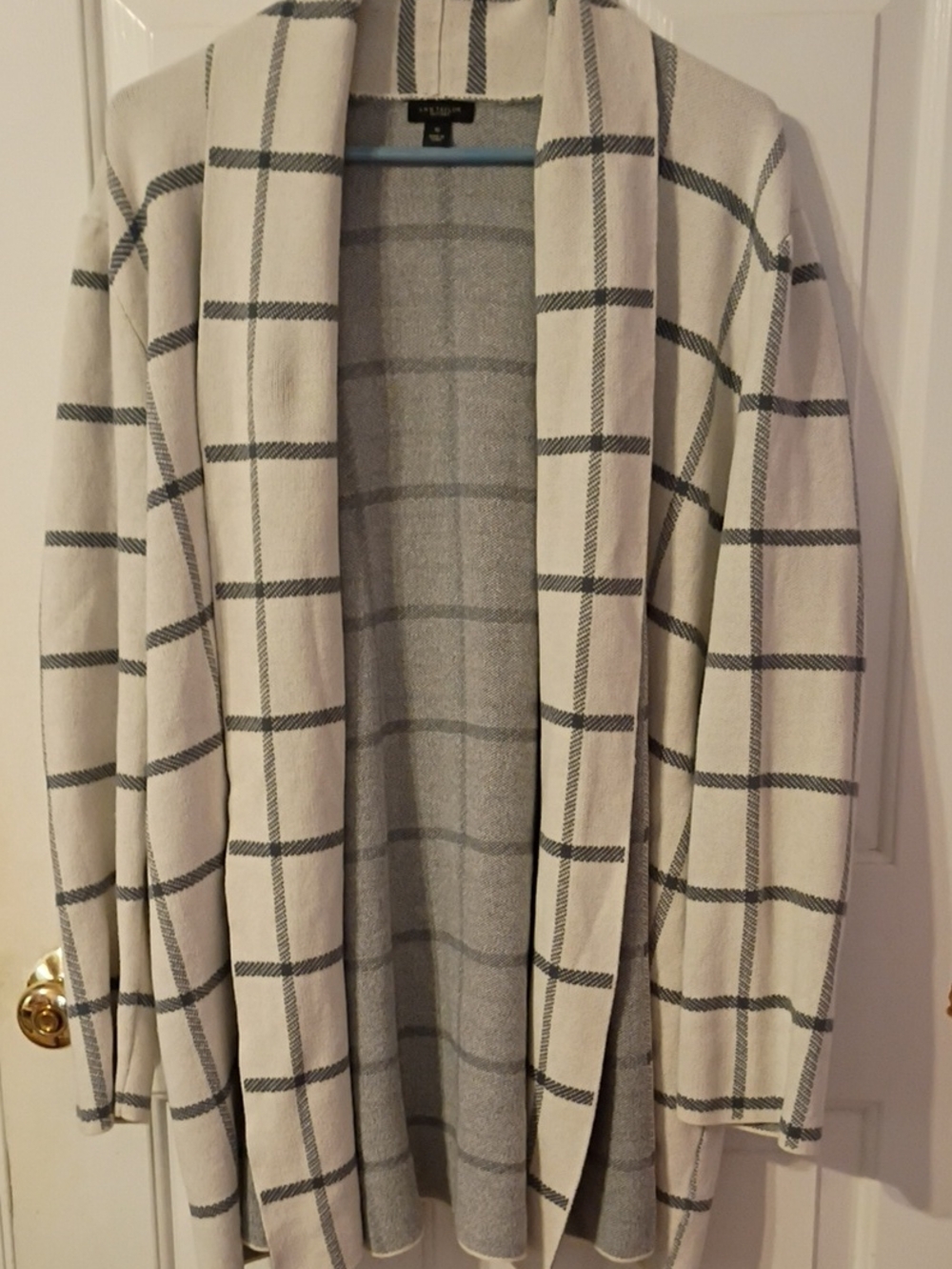 Ann Taylor Factory Windowpane Shawl Collar Open Cardigan Sweater - Cream/Gray